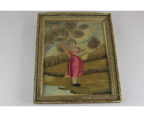 An embroidered picture of a girl gathering flowers on a hillside, 26cm, a picture of a girl with goat painted on grid paper, 