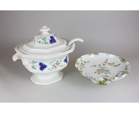 A French ceramic comport decorated with flowers and a soup tureen and cover with ladle
