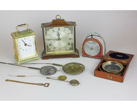 A Shortland Smith barometer, two mantel clocks, a Negretti and Zambra compass (a/f), together with various clock weights and 