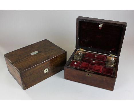 A 19th century mahogany dressing table box with fitted interior, together with an oak box, both with mother of pearl detail