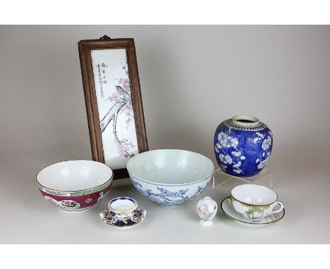 A collection of Chinese and Japanese porcelain to include a blue and white ginger jar and bowl, three tile pictures, a tea se