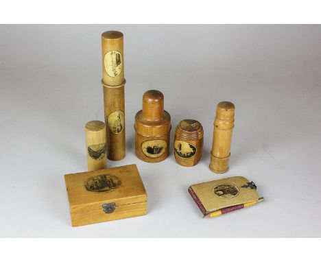 Six pieces of Mauchline ware including trinket boxes, notepad and paper, showing Abbey Church, Bath, and Burns Mausoleum, Dum