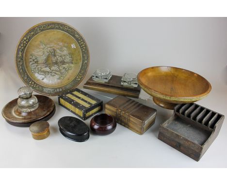 Two wooden desk stands with glass inkwells, two carved wood pedestal dishes, various boxes and other items