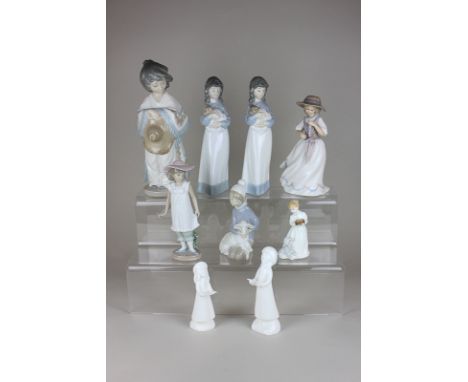 A Lladro figure of a boy with a lamb, four Nao figures of girls, three Royal Doulton figures and another figure