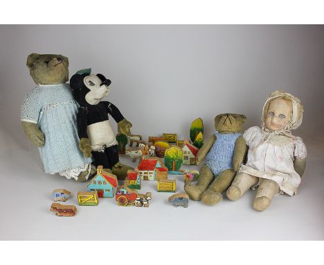 A Fairylites wooden block farm, together with a Mickey Mouse soft toy, two early 20th century jointed teddy bears, one with l