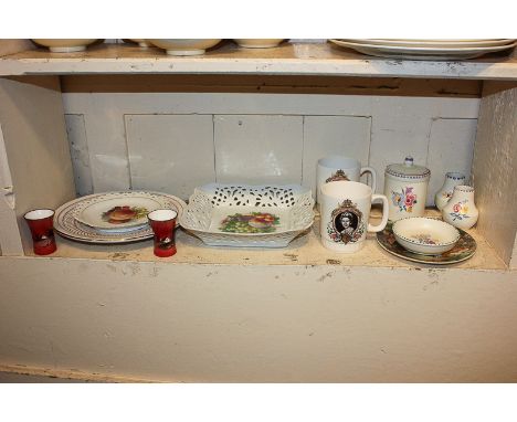 Five pieces of Poole pottery, including a preserve pot and a pair of bud vases, a Dresden pierced dish and other items