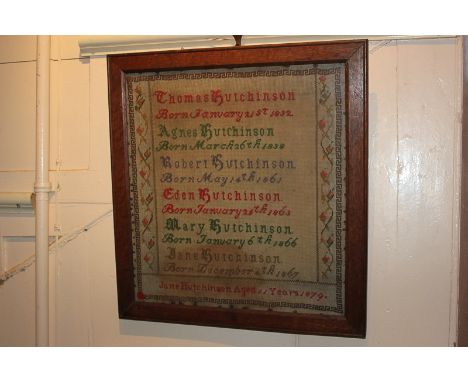 A Victorian sampler with a list of Hutchinson family names and birthdays, by Jane Hutchinson aged 11 years, dated 1870, 42cm 