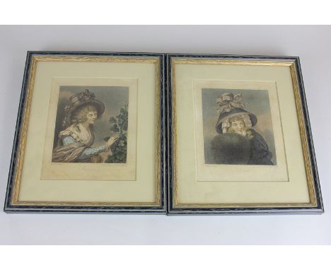 After R Westal, four portraits of ladies wearing elaborate hats, representing the Seasons, coloured prints, engraved by Barto