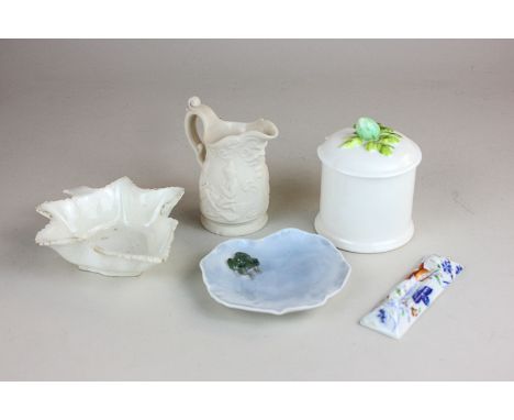 A Royal Copenhagen dish modelled as a lily pad with frog, a pickle dish, a Parian jug, a Crown Staffordshire pot with acorn f