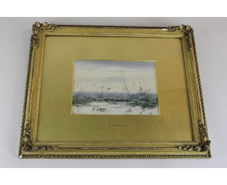 R W Fraser (1848-1906) ducks flying over water, watercolour, signed and dated '86, 17cm by 12cm