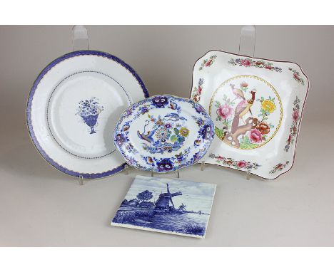 A 19th century Hicks and Meigh stone china oval plate, a Delft tile, a Crown pottery dish and an 18th century plate (a/f)