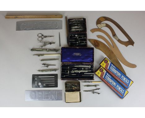 Two cased sets of draughtsman's tools, together with various calipers and other art and design equipment