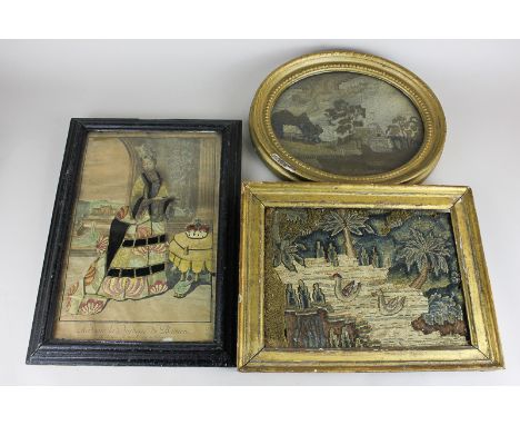 A 19th century oval tapestry panel of a cottage in a landscape, 25cm, and another tapestry of two ducks on a river, 24cm