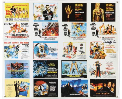 James Bond - Poster showing Quads for the first 20 years signed by Christopher Lee, and an unsigned Hammer Horror one, flat, 