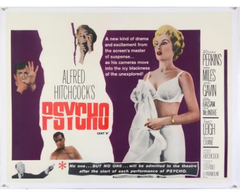 Psycho (1960) British Quad film poster with full colour artwork for the classic Alfred Hitchcock horror film, starring Anthon