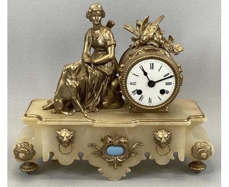 LATE 19TH CENTURY WHITE ALABASTER & PAINTED SPELTER MANTEL CLOCK, surmounted with a figure of Diana the Huntress with hound, 