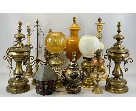 ASSORTED LAMPS &amp; LIGHTING including ornate gilt metal and alabaster table lamp with a figure of cherub to the base, 58cms