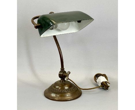VINTAGE BANKER'S LAMP with weighted circular oxidised-copper base, stem and arms to the adjustable green and white enamelled 