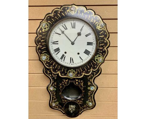 VICTORIAN BLACK LACQUERED DROP DIAL WALL CLOCK with inlaid mother of pearl, gilded highlights, circular white enamel dial, Ro