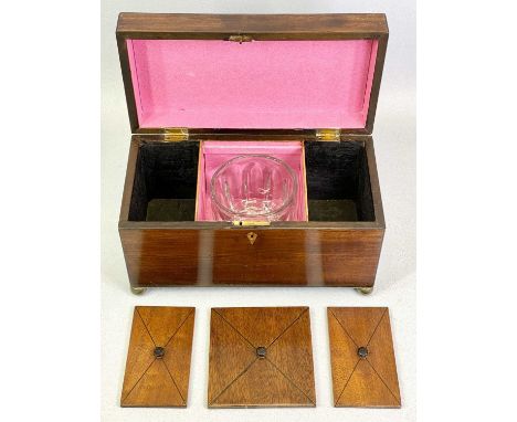 VICTORIAN MAHOGANY DOUBLE TEA CADDY of rectangular form, on gilded ball feet, the interior having two compartments with lift-
