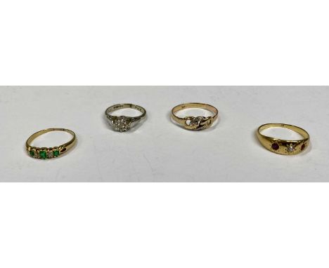 FOUR 18CT GOLD DRESS RINGS, cut white gold illusion set diamond solitaire, mid I - J, unmarked and untested emerald and diamo