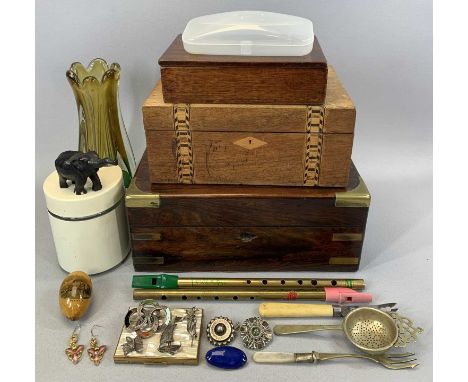 GROUP OF MIXED COLLECTABLES, including two Irish penny whistles, Victorian mahogany brass bound trinket box, 30.5cms (w), par