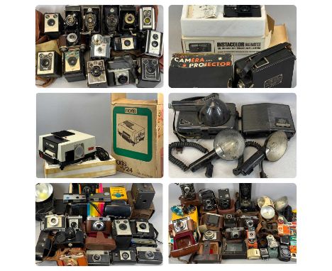 LARGE COLLECTION OF VINTAGE PHOTOGRAPHIC ITEMS, including Bellow, Box and later cameras, flashes, bulbs, projector and other 