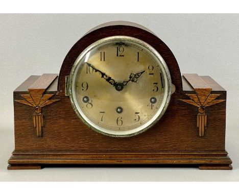 OAK CASED DOME TOP MANTEL CLOCK 1930s, silvered dial with Arabic numerals, quarter striking Westminster/Whittington chimes, 2