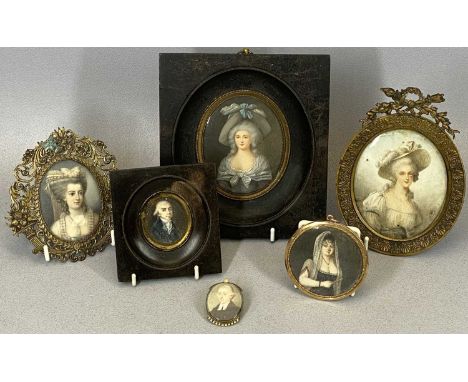 SIX 18TH & 19TH CENTURY PORTRAIT MINIATURES, believed all painted on ivory slips, all individually framed, comprising, 2 x sm