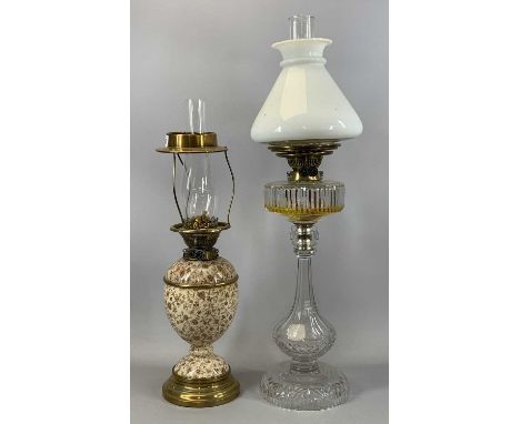 VICTORIAN BRASS & CERAMIC OIL LAMP with twin duplex burners, 33cms (h) excluding fitting, and good quality cut glass oil lamp