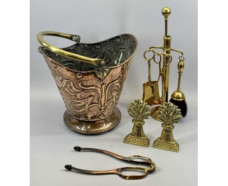 ART NOUVEAU COPPER COAL SCUTTLE, embossed stylised decoration, brass swing handle, 34cms H, cast brass wheatsheaf doorstops, 