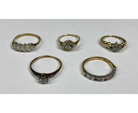 FIVE 9CT GOLD DRESS RINGS, diamond and sapphire half eternity, size O, all others mounted with paste or CZ stones, mid Q - R 