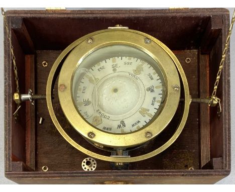 VINTAGE COOK OF HULL BRASS CASED SHIP'S COMPASS, mounted on gimbal in stained plywood box with hinged cover on turned support