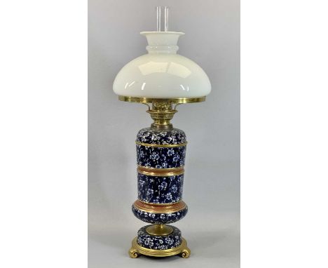 VICTORIAN TAYLOR & TUNNICLIFFE BLUE & WHITE FLORAL CERAMIC OIL LAMP  with gilded metal mounts, single burner, conical opaque 