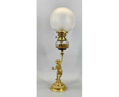 VICTORIAN GILDED BRASS OIL LAMP with figural column, clear glass reservoir with star cut decoration, single burner, opaque gl