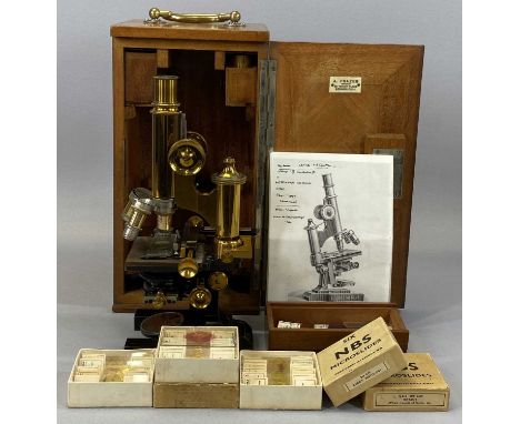 ERNST LEITZ WETZLAR BRASS CASED COMPOUND MICROSCOPE, on lacquered base, no. 51223, in mahogany case with ivorine plaque for A