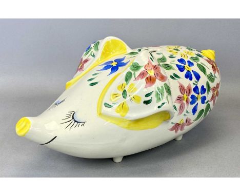 LARGE ARTHUR WOOD PIGGY BANK IN THE FORM OF WHIMSICAL PIG, with blue, pink and yellow floral decoration, printed marks to bas