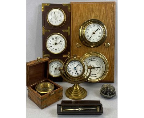 MARINE TYPE INSTRUMENTS, including reproduction brass cased ship's compass mounted on gimbal in brass bound hardwood box with