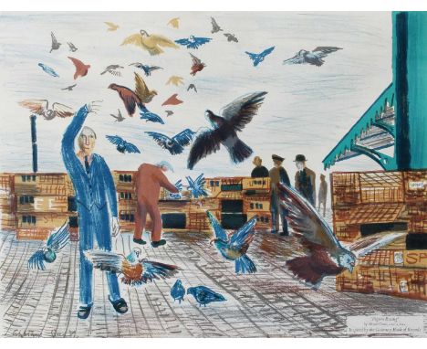 Alistair Grant ARCA, RBA (1925-1997)"Pigeon Racing"Lithograph inspired by the Guinness Book of Records, 48cm by 59cm