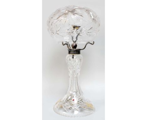 A Large 1920's Cut Glass Table Lamp, with mushroom shade, 53cm