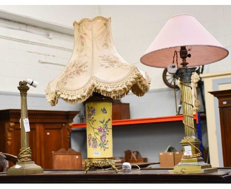 A Pottery and Gilt Metal-Mounted Oil Lamp Base (converted), yellow ground and decorated with a blossoming branch and butterfl