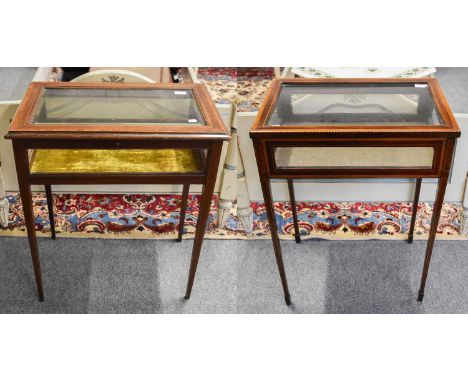 An Edwardian Crossbanded and Inlaid Mahogany Bijouterie Table, 62cm by 41cm by 71cm, and A Smaller Example (lacking one glass