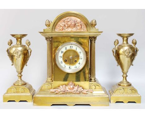 A French Brass Striking Mantel Clock Garniture, circa 1890, clock 36cm high, garniture 27.5cm high