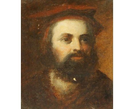 British School (19th Century)Head and shoulders portrait of a gentleman in a capOil on card/paper? laid onto panel, 19cm by 1