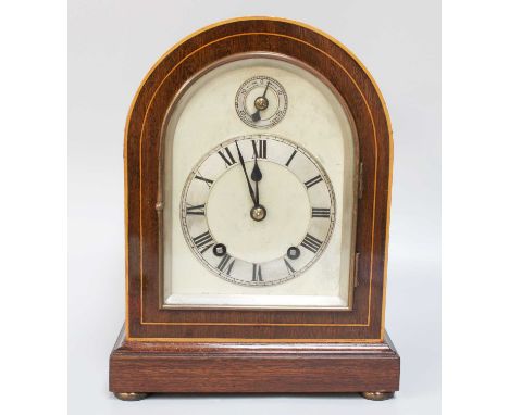 A Mahogany-Inlaid Quarter Striking Mantel Clock, circa 1910, movement backplate stamped W&amp;H, 28.5cm high