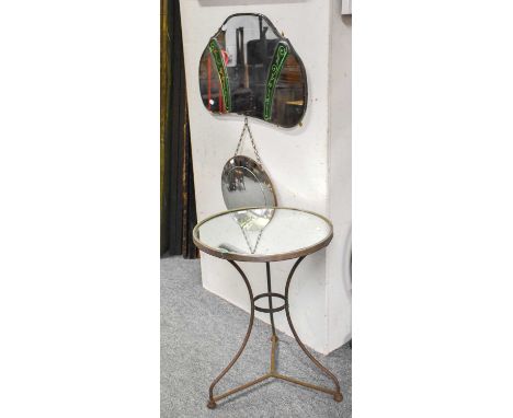 A Vintage Mirror Top Wrought Iron Bar Table, An Art Deco Wall Mirror, and A Vintage Convex Mirror (3)