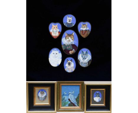 Mike Wilks (b.1947)Collection of nine anthropomorphic portrait miniatures of cats, in three frames; with a further acrylic of