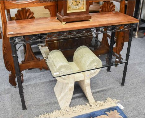 A Modern Plank Top Console Table, on wrought iron base, 120cm by 39cm by 79cm, A Composition Stone Coffee Table, with glass t