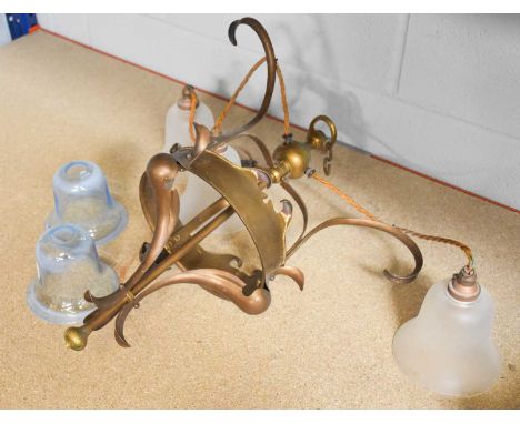 An Arts &amp; Crafts Brass Triple Ceiling Light, manner of W A S Benson, with glass shades, and A Pair of Similar Shades