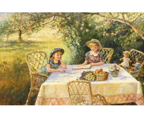 Paul J Attfield (b.1950)Picnic in the garden with teddiesSigned, oil on canvas, 49cm by 74.5cmSome general surface dirt. A sl